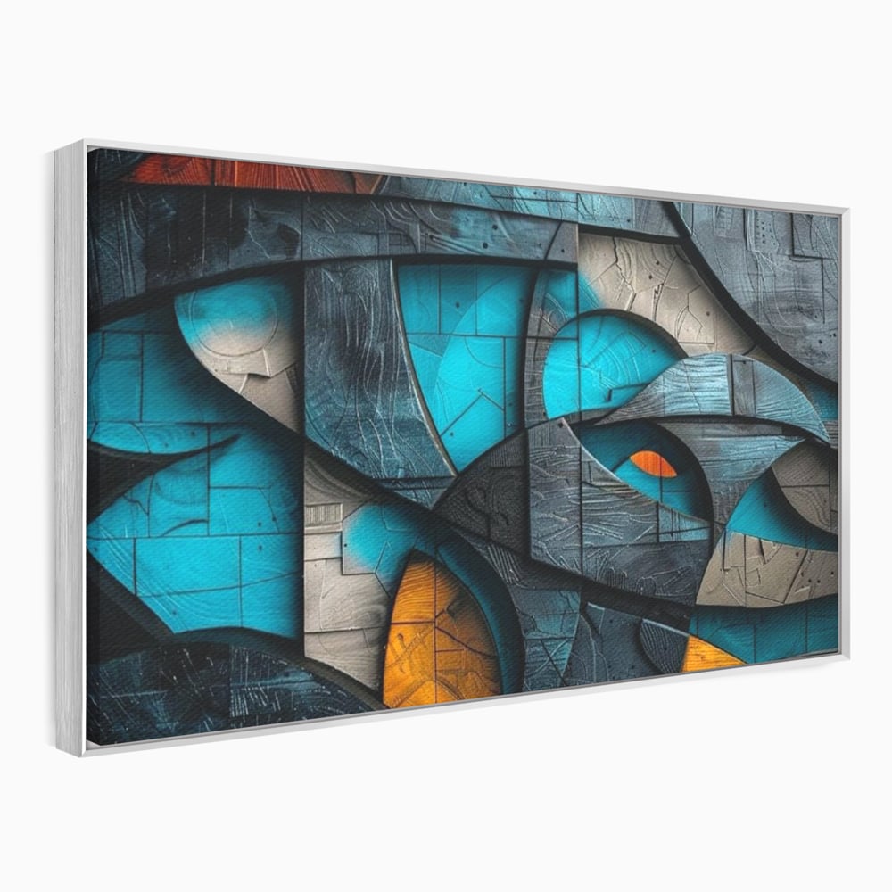 Tablou canvas cu tablou abstract cu forme geometrice din lemn, in rama de aluminiu argintiu